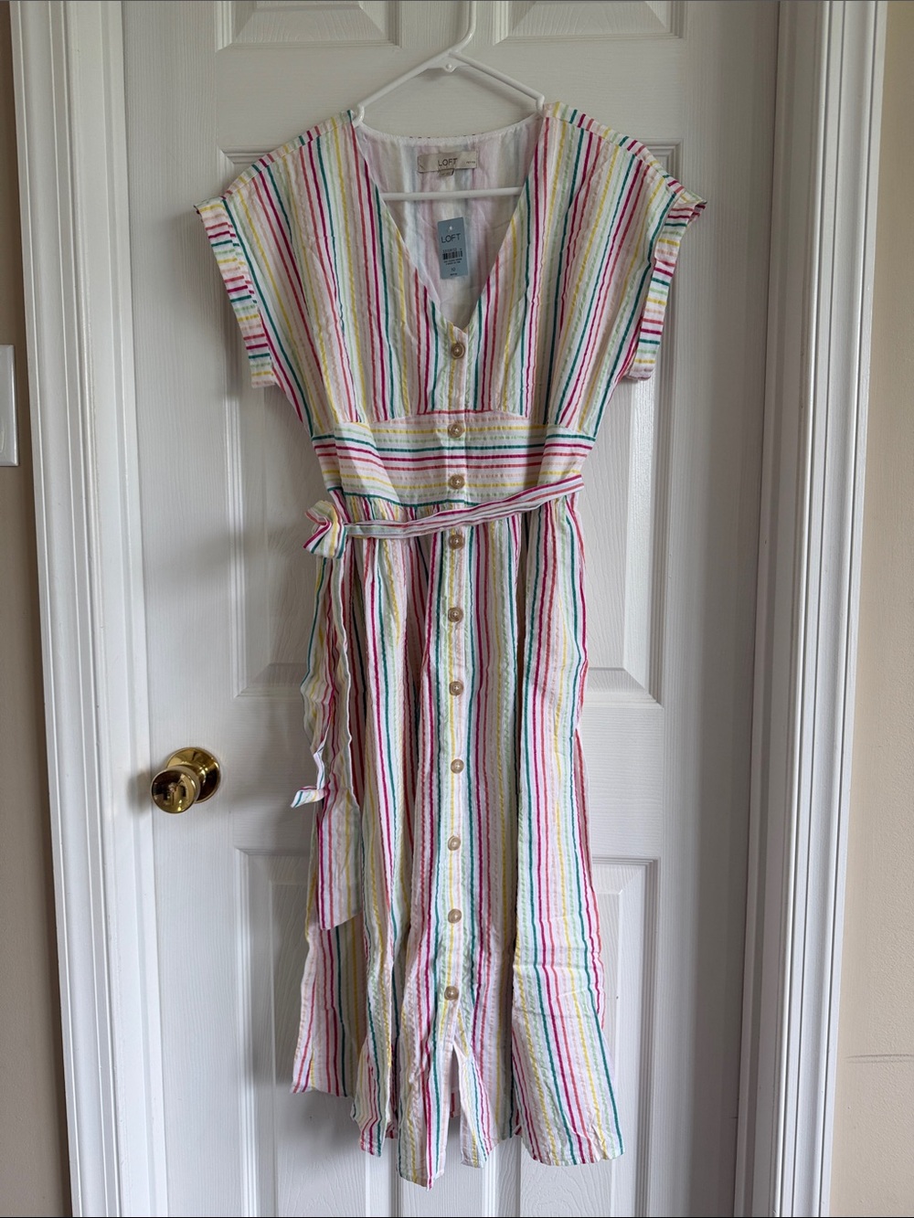NWT LOFT Striped Button-Front Midi Dress in White with Multicolor Stripes